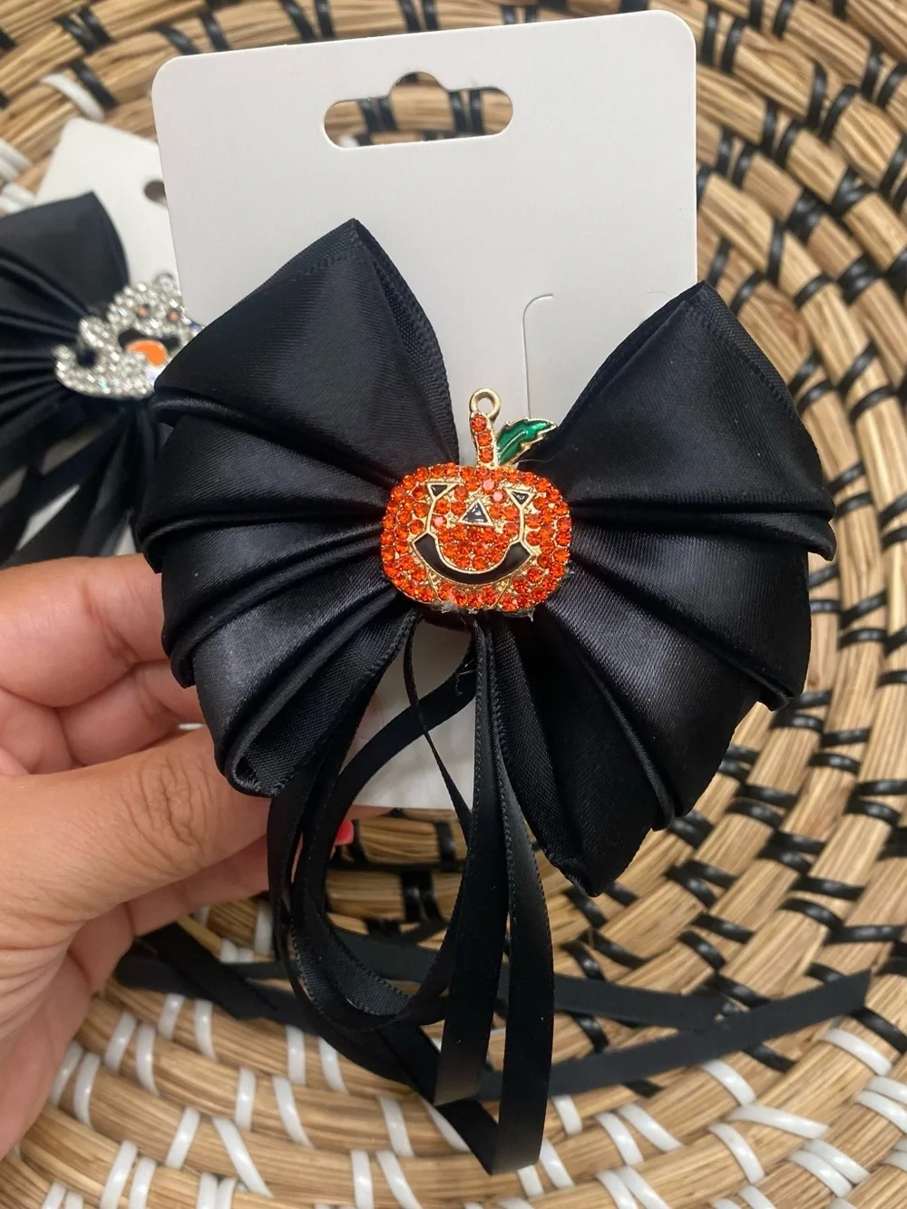 Black Satin Halloween Bow Hair Clips with Pumpkin and Ghost Charms
